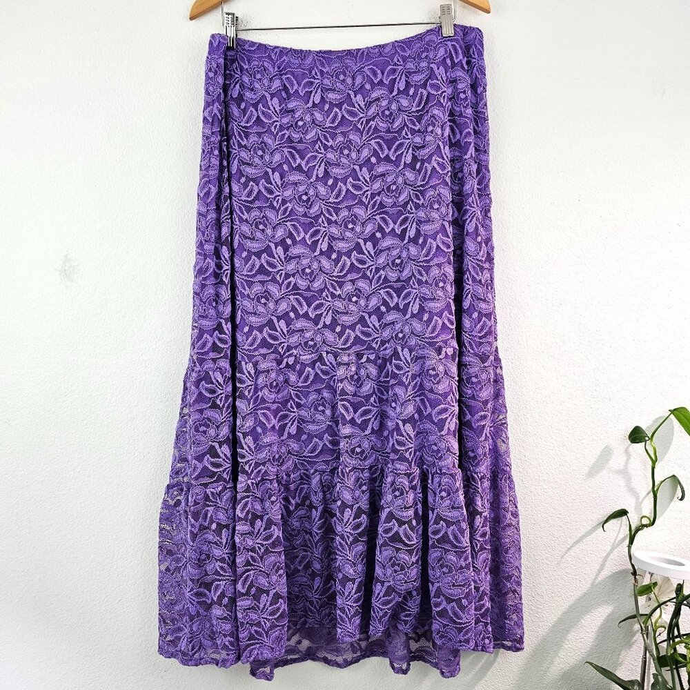 Y2K Lilac Fairy Roses Floral Lace Sheer Midi Skirt Sz 1X Lined Whimsigoth